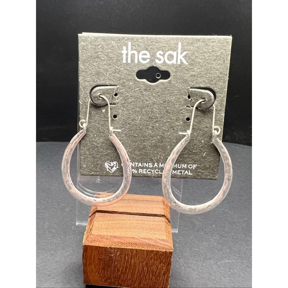 New! The Sak Silver Tone Hammered Teardrop U Hoop Earrings 25% Recycled Metal